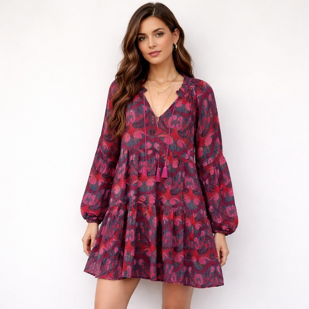 Oliphant Tiered Mini Dress Blue Kazak Print Balloon Sleeve Tassel M Festival